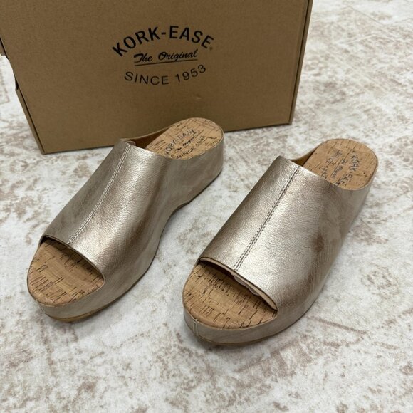 Kork-Ease Yazmin Sandals Womens Size 9 Light Gold Leather Wedge Slides Platform - Picture 1 of 12